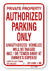 1AR0R4 Authorized Parking Only Sign By-Law 1-96 with Towing Company Information