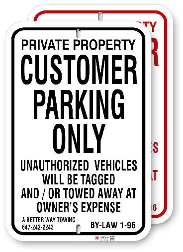 1CPRR1 Customer Parking Only with Vaughan By-Law 1-96 and Towing Company Info