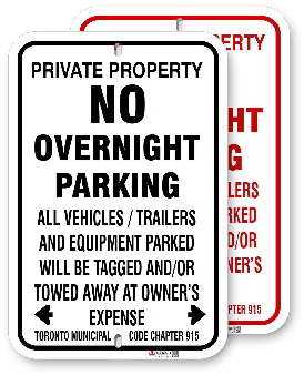 1np009 no overnight parking sign with black or red graphics by all signs co