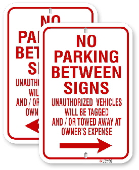 1npb03 no parking between sign with right or left  arrows and warning text by all signs co
