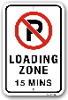 1nplz8 no parking loading zone 15 minute limit by all sign